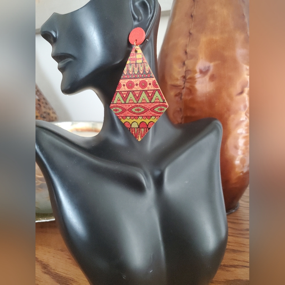 Boho Wood Rhombus Shaped Earrings NWT
